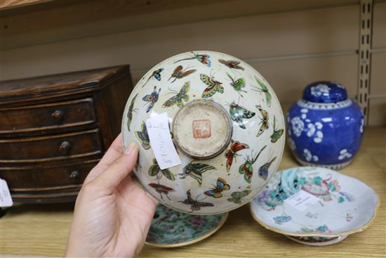 A Chinese straight butterfly bowl, a Straits footed bowl with rabbit, a prunus ginger jar and a Canton dish